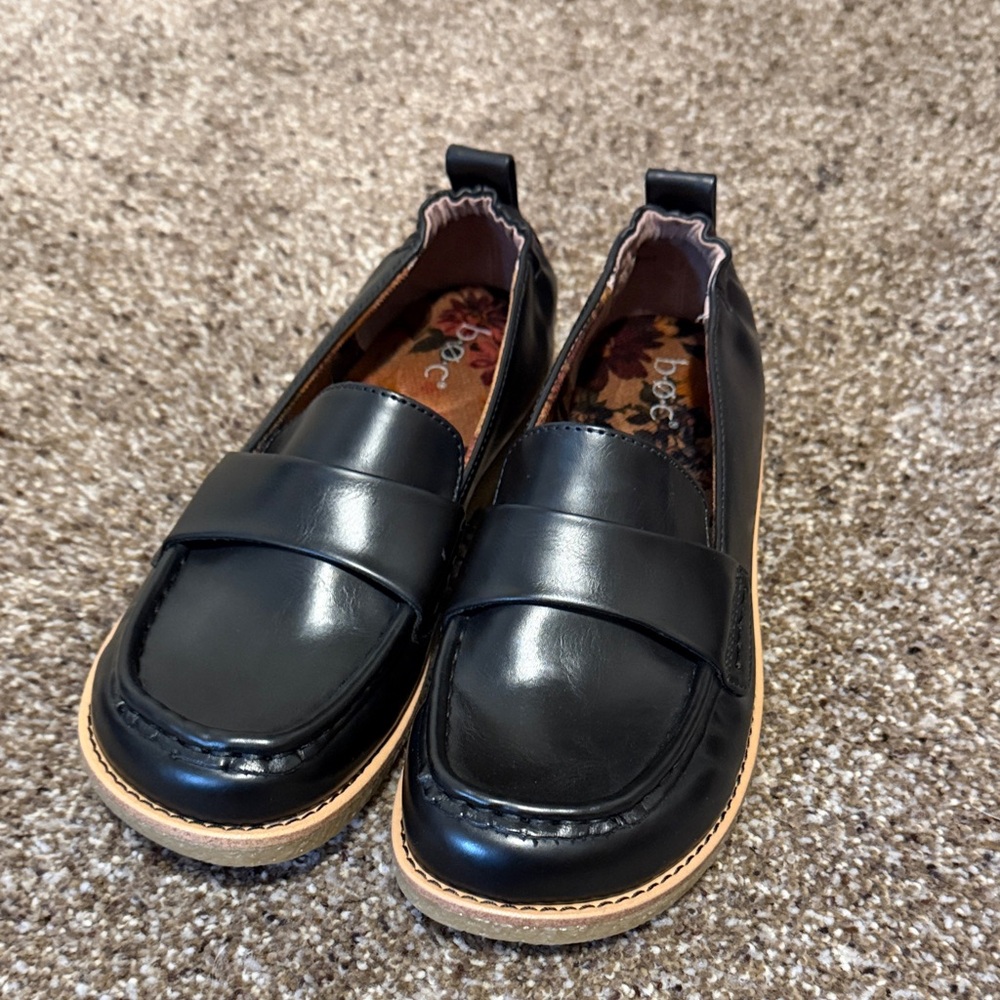 b.o.c. Black Vegan Leather Loafers with Tan Outsole